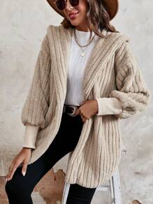 SHEIN Essnce Drop Shoulder Hooded Open Front Teddy Coat - Apricot - View 6