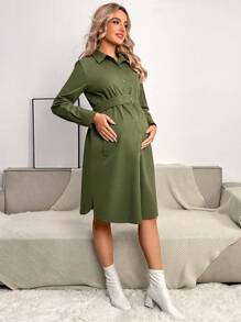 SHEIN 孕婦素色腰帶襯衫洋裝 - 軍綠色 - 查看 4