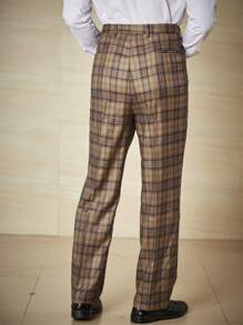 Calvornis Men Plus Plaid Print Slant Pocket Suit Pants - Bronze - View 2