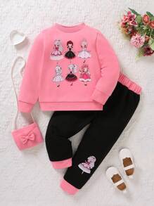 SHEIN Young Girl Figure Graphic Sweatshirt & Sweatpants With Bag - Pink - View 1