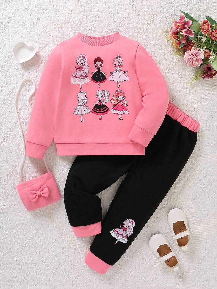 SHEIN Young Girl Figure Graphic Sweatshirt & Sweatpants With Bag - Pink - View 1