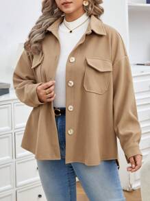 SHEIN Frenchy Plus Flap Pocket Drop Shoulder Overcoat