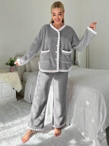 Contrast Trim Flannel Lounge Set, Fall Winter Clothes, Cozy Outfit, Fluffy Pajama - Grey - View 5
