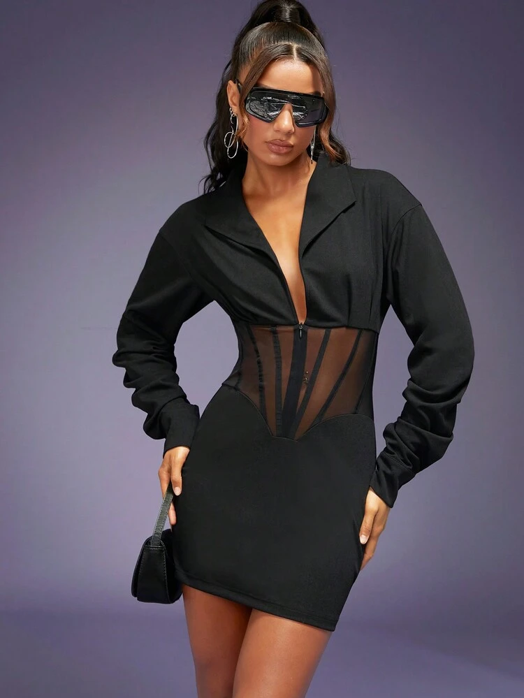 Mesh Insert Lapel Neck Bodycon Dress