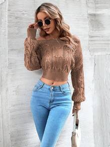 Chiquease 露肩镂空针织短款毛衣、长袖上衣