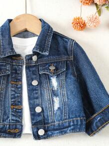 SHEIN Bebé niña 1 pieza Cazadora mezclilla desgarro con bolsillo con solapa - Azul lavado medio - Ver 4