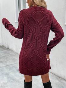 SHEIN Clasi Cable Knit Drop Shoulder Sweater Dress Without Belt - Burgundy - View 2