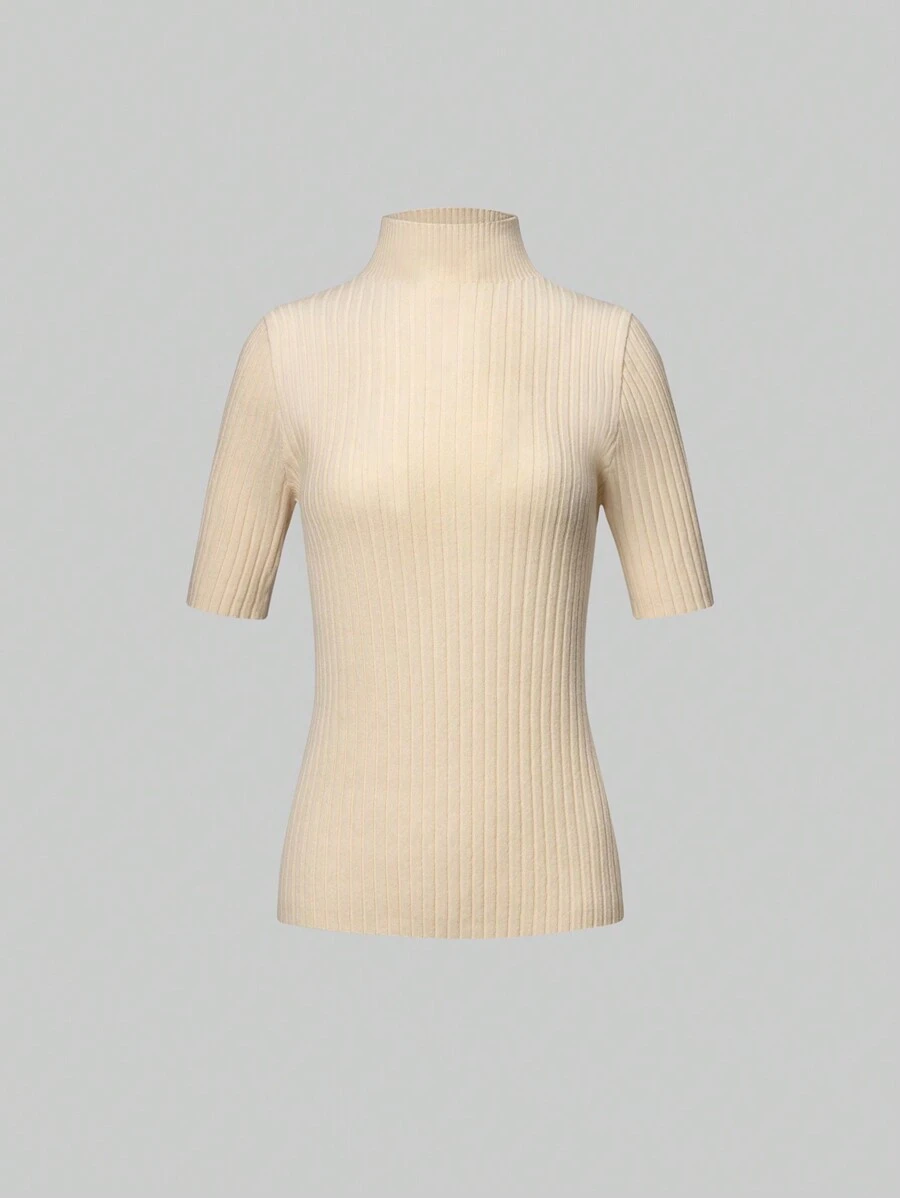 SHEIN Unity Mock Neck Ribbed Knit Top - Apricot - View 1