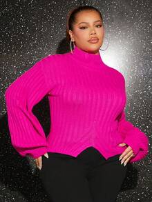 SHEIN SXY Plus Mock Neck Lantern Sleeve Asymmetrical Hem Sweater - Hot Pink - View 4