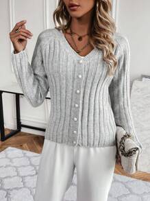 SHEIN Essnce Chất rắn Tay Raglan Nút phía trước Áo len Mở - Màu Xám nhạt - Xem 1