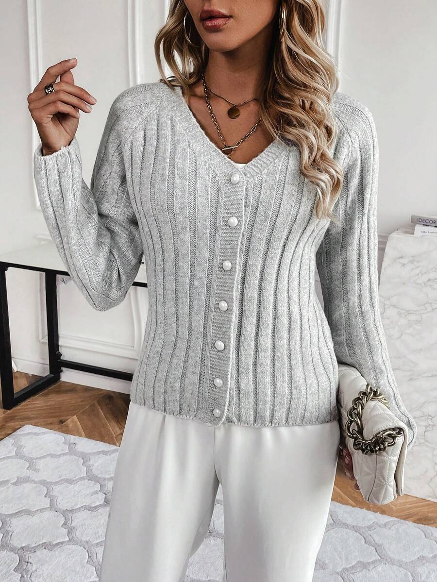 SHEIN Essnce Chất rắn Tay Raglan Nút phía trước Áo len Mở - Màu Xám nhạt - Xem 1