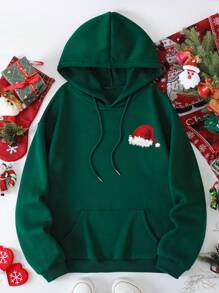 SHEIN EZwear 聖誕圖案袋鼠口袋抽繩加絨內裏連帽衫 - 墨綠色 - 查看 2