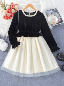 SHEIN Cô gái Tween Hai âm tay áo lá sen Lưới Hem Đầm - màu đen - Xem 1