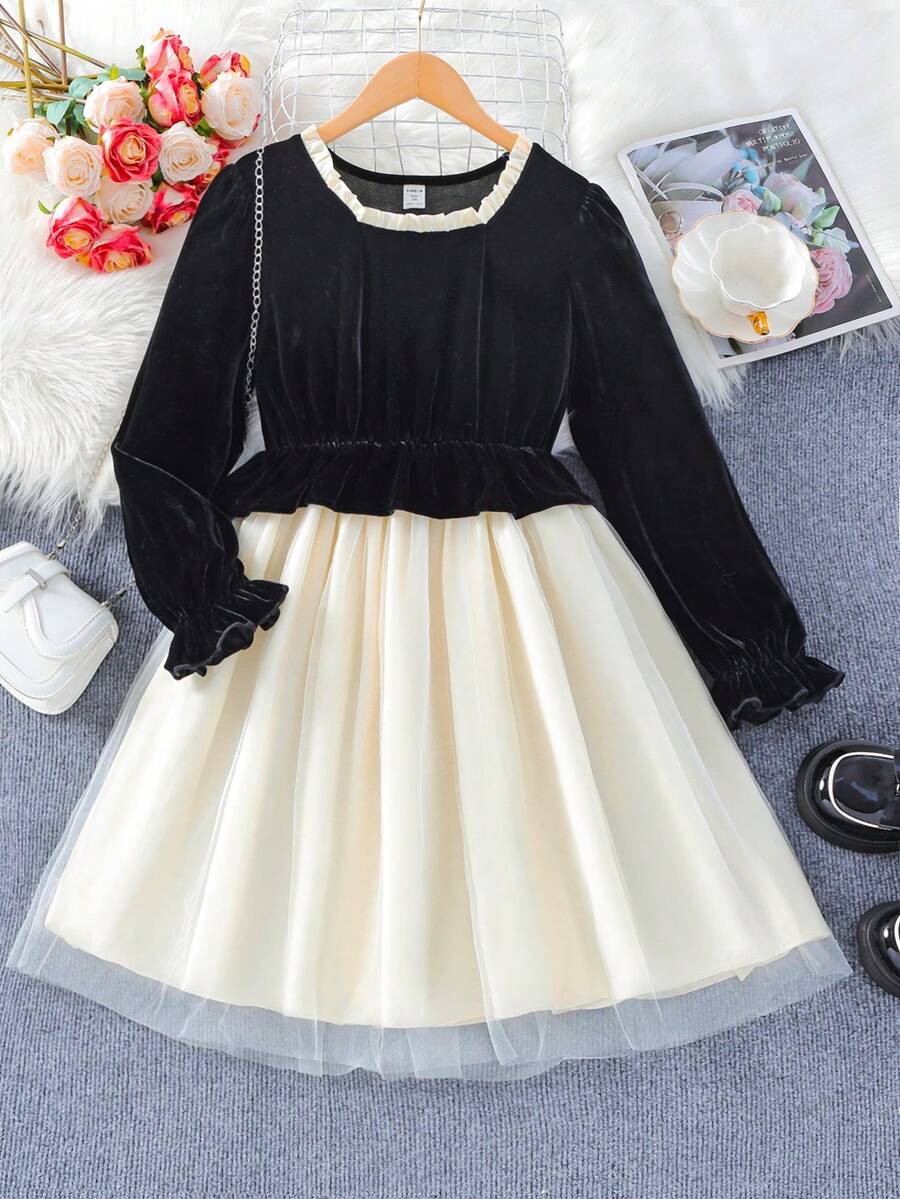 SHEIN Cô gái Tween Hai âm tay áo lá sen Lưới Hem Đầm - màu đen - Xem 1