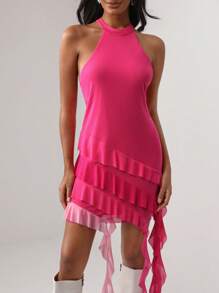 VERO DIAZ 素色不對稱下擺掛脖洋裝 - 玫紅色 - 查看 6