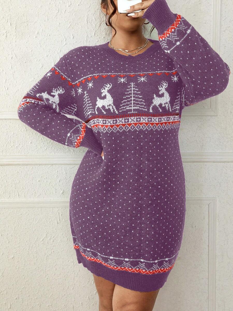 SHEIN LUNE Vestido Estilo Suéter Con Estampado De Árbol Y Ciervo Navideño, Talla Grande - Morado - Ver 1