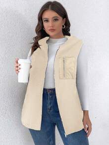 SHEIN LUNE 大碼拉鏈開襟連帽絨毛外套馬甲 - 杏色 - 查看 4