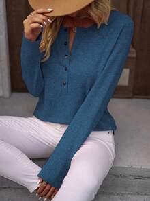 SHEIN LUNE 素色半排扣T恤 - 藍色 - 查看 4