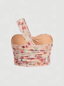 SHEIN MOD Plus Floral Print One Shoulder Mesh Top - Apricot - View 2