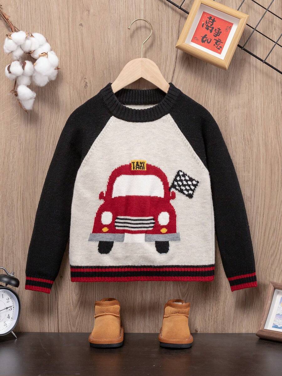 SHEIN 男小童車圖案插肩袖條紋飾邊套頭毛衣 - 彩色 - 查看 1