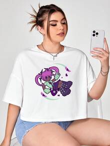 Cb illustration 大碼卡通圖案落肩袖短款T恤 - 白色 - 查看 3