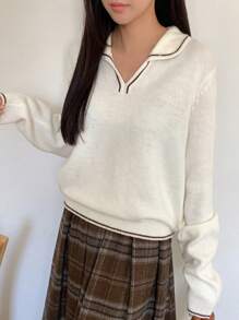DAZY Viền tương phản Thả vai Áo len - Màu be - Xem 4