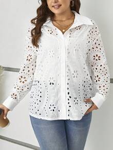 SHEIN LUNE Hơn Lỗ gắn thêu Nút phía trước Áo sơ mi - trắng - Xem 2