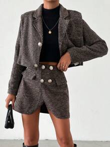 EURMUSE Herringbone Print Crop Blazer & Wrap Skirt - Multicolor - View 1