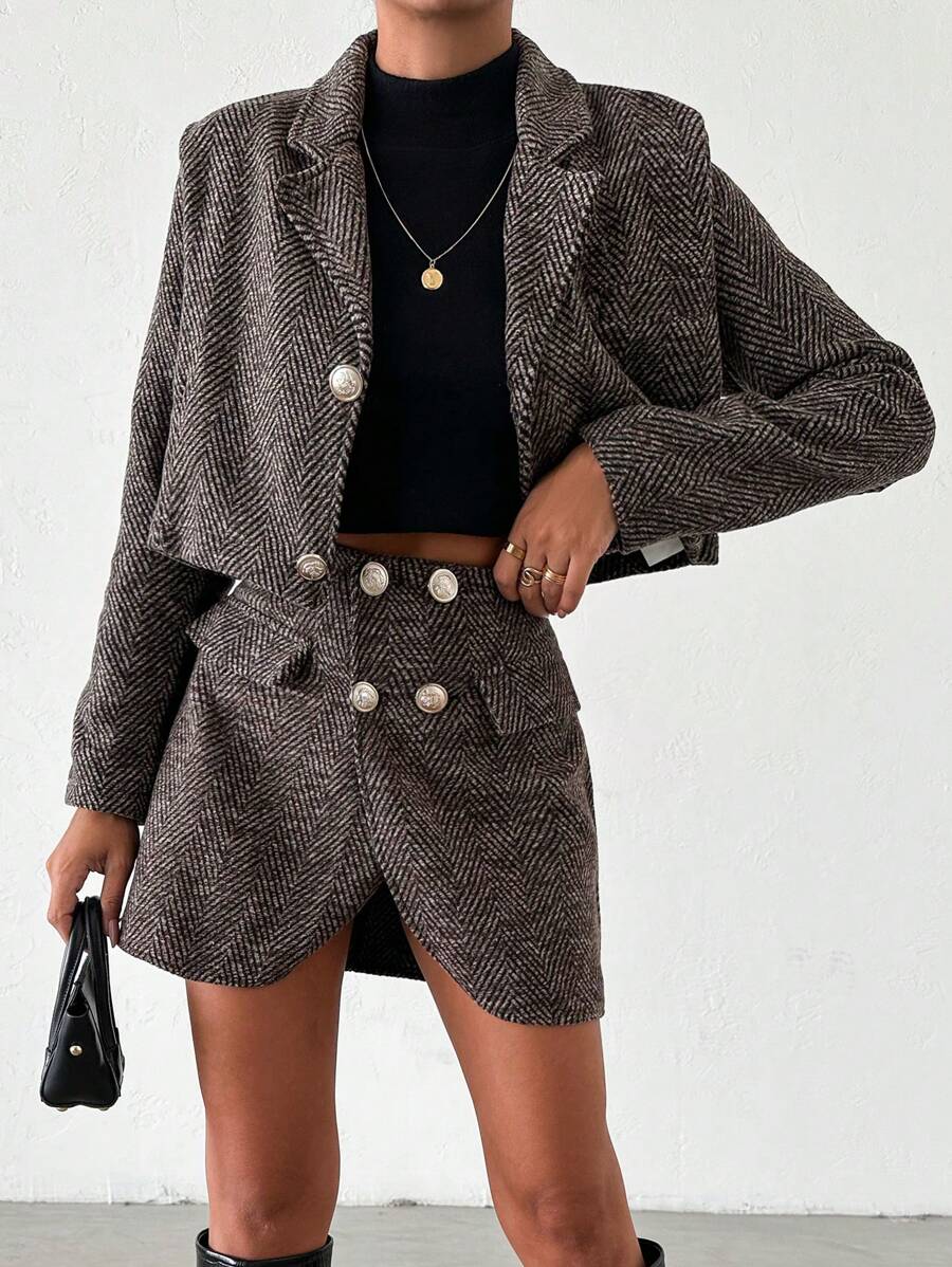 EURMUSE Herringbone Print Crop Blazer & Wrap Skirt - Multicolor - View 1