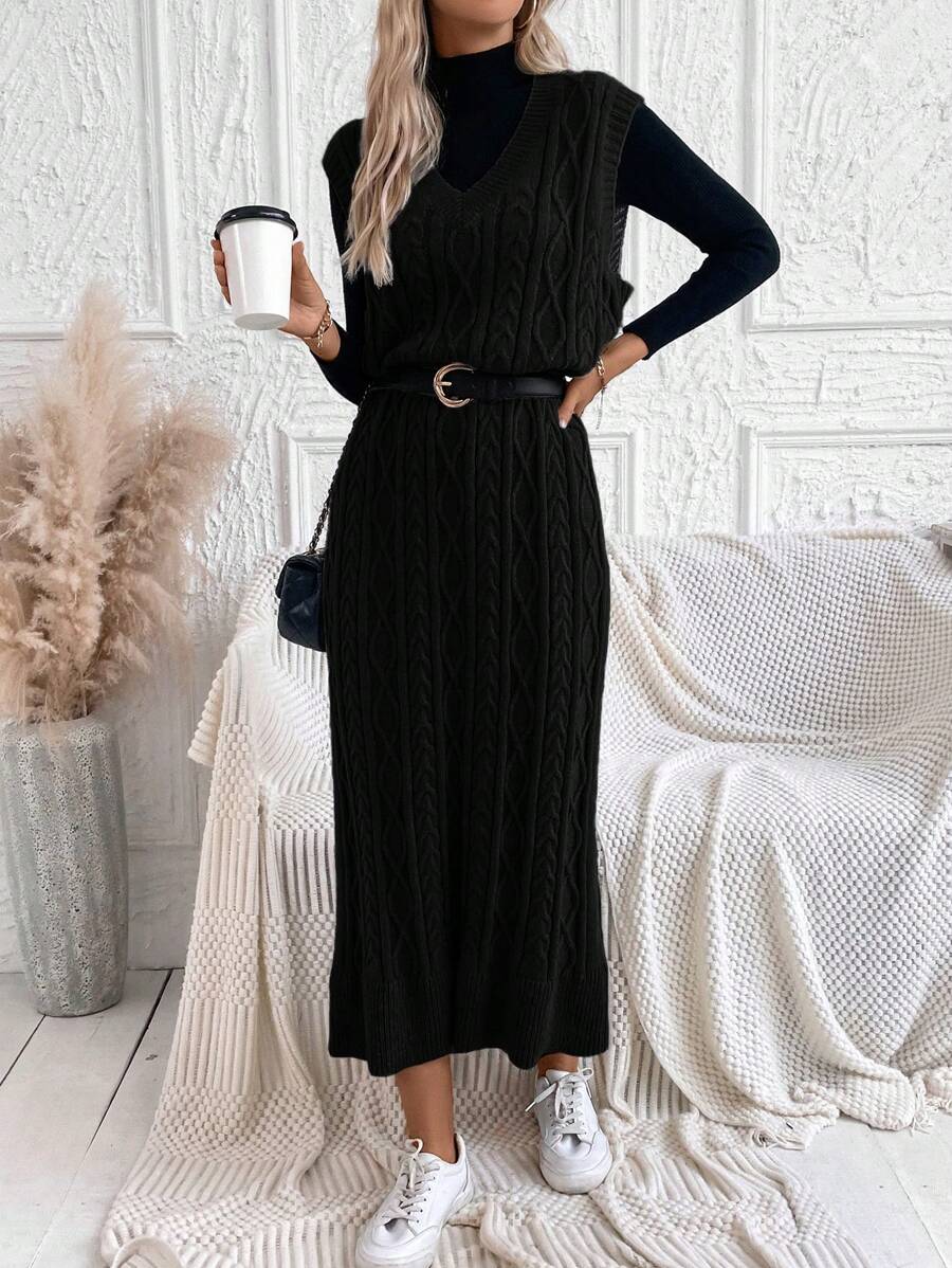 SHEIN LUNE 1入組麻花編織毛衣洋裝不附腰帶 - 黑色 - 查看 1