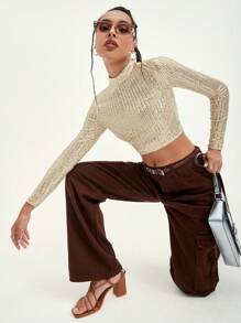 SHEIN BAE Mock Neck Sequin Crop Top - Champagne - View 7