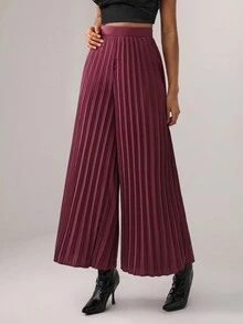 Bryanna 高腰百褶闊腿褲 - 酒紅色 - 查看 4