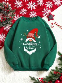 SHEIN LUNE 聖誕圖案加絨內裏運動衫 - 墨綠色 - 查看 1