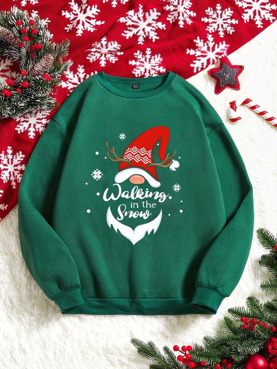 SHEIN LUNE 聖誕圖案加絨內裏運動衫 - 墨綠色 - 查看 1