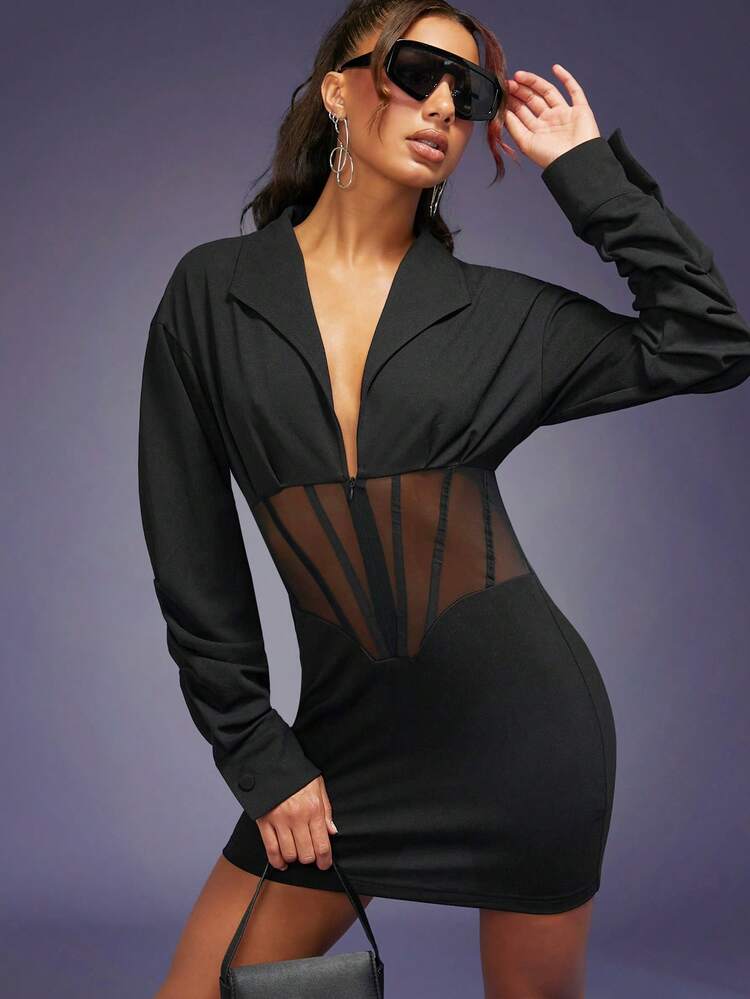 Mesh Insert Lapel Neck Bodycon Dress