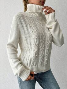 EURMUSE Turtleneck Cable Knit Sweater - trắng - Xem 3
