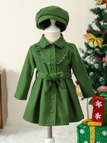 女嬰1入組拼接蕾絲邊腰帶襯衫洋裝&帽 - 綠色 - 查看 1