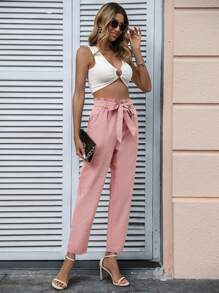 SHEIN Privé Paperbag Waist Belted Straight Leg Pants - Dusty Pink - View 6