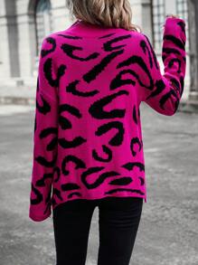 SHEIN LUNE Họa tiết Toàn thân Thả vai Cổ giả Áo len - Màu Hồng Tươi - Xem 2