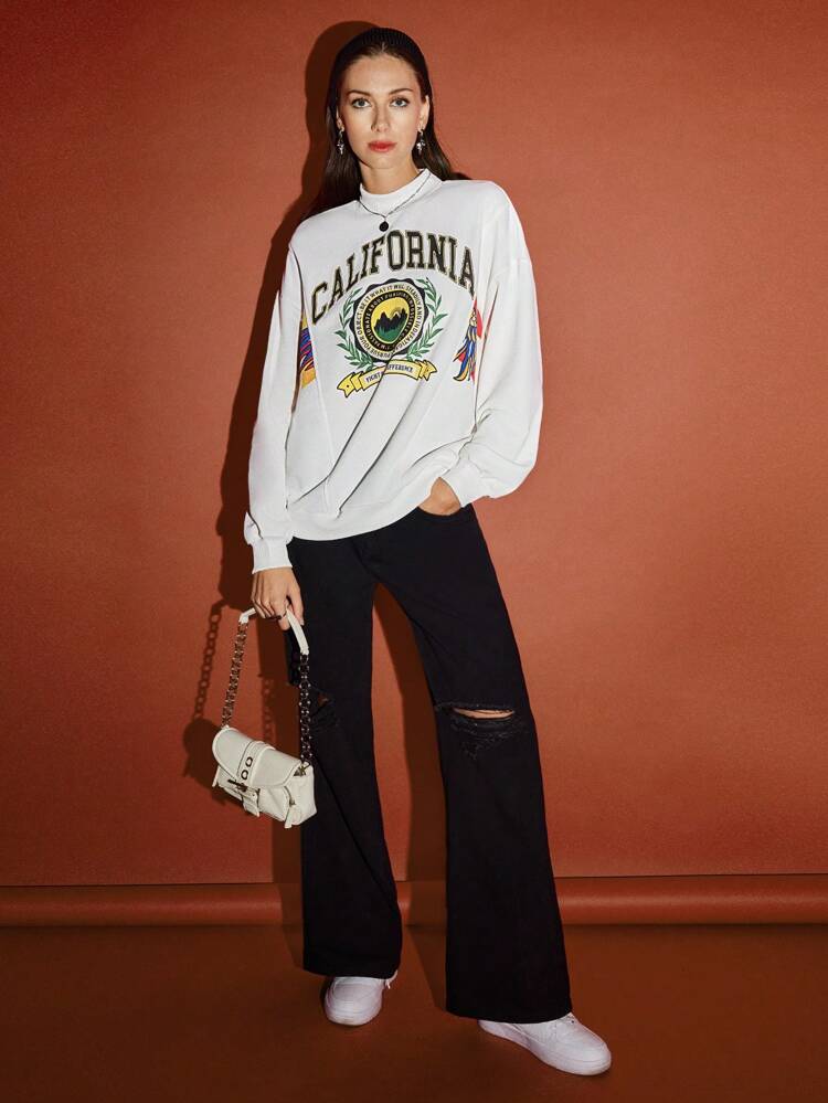 Letter & Graphic Print Mock Neck Drop Shoulder Sweatshirt