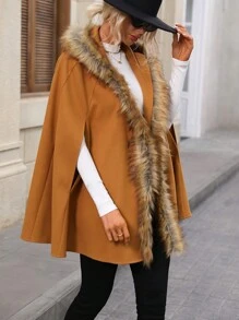 SHEIN LUNE Fuzzy Trim Hooded Cape Overcoat