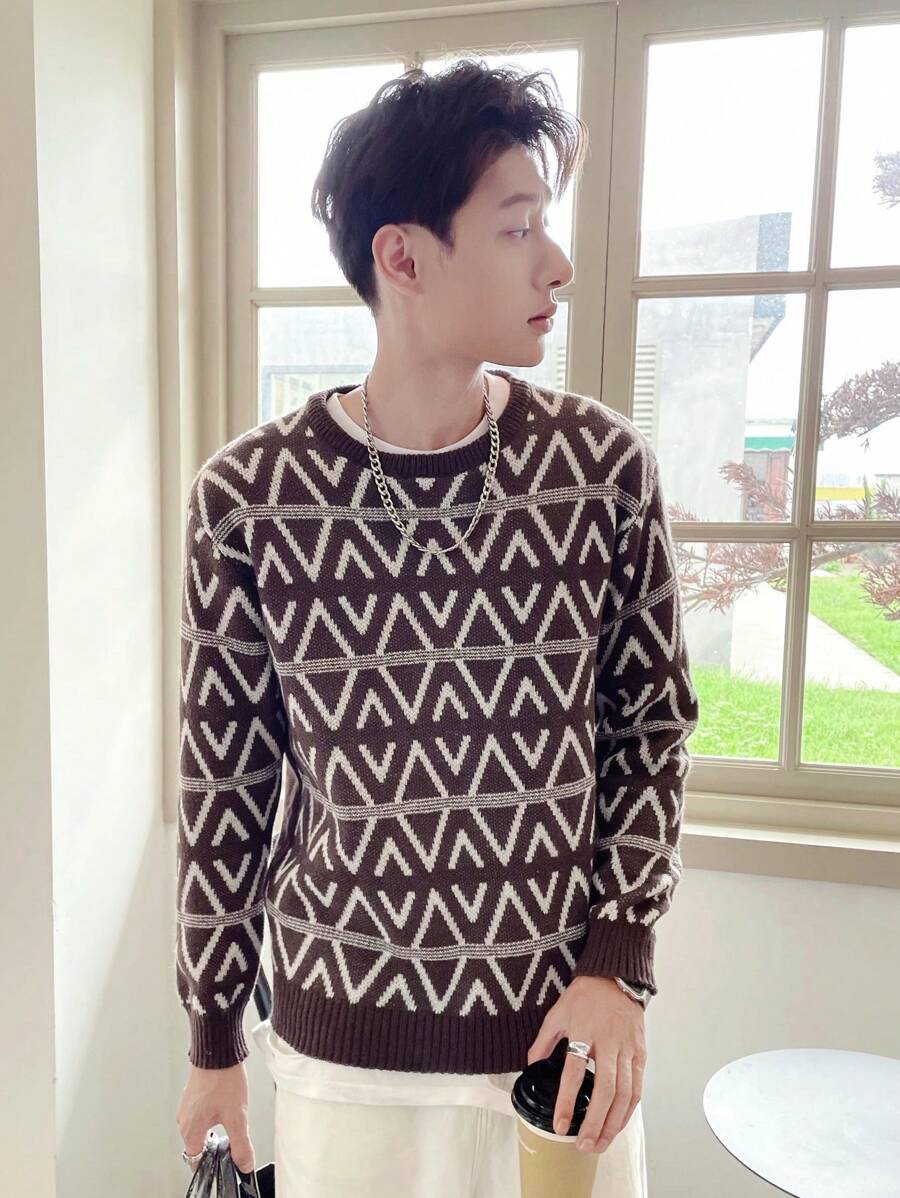 Claim Dot Men's Geometric Pattern Sweater - Coffee Brown - View 1