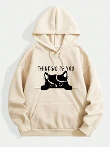 SHEIN Essnce Của phụ nữ Hoạt hình In thư Dây rút áo có mũ Lông cừu Áo nỉ - Màu be - Xem 1