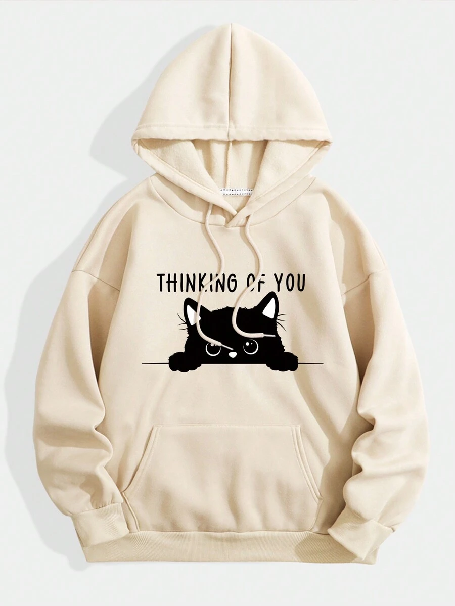 SHEIN Essnce Của phụ nữ Hoạt hình In thư Dây rút áo có mũ Lông cừu Áo nỉ - Màu be - Xem 1