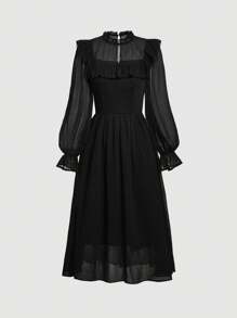 SHEIN MOD 荷葉邊荷葉袖洋裝 - 黑色 - 查看 1