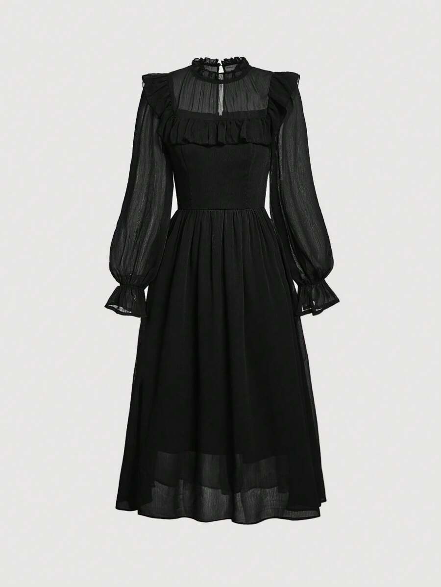 SHEIN MOD 荷葉邊荷葉袖洋裝 - 黑色 - 查看 1