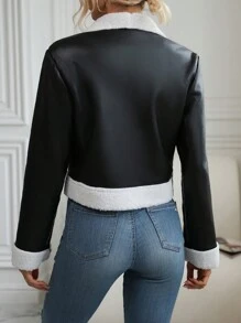 SHEIN Frenchy Teddy Lined Zip Up Moto Jacket - Black - View 2