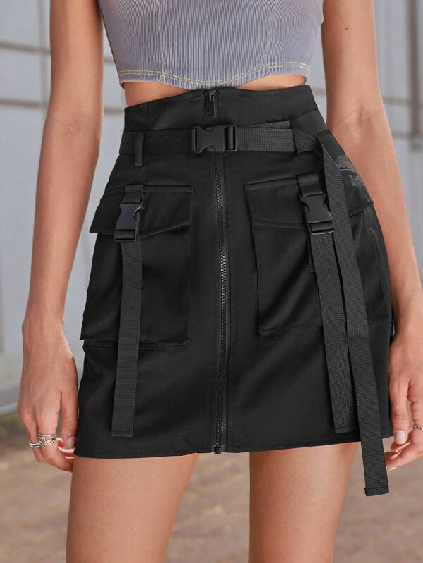 SHEIN EZwear High Waist Zipper Flap Pocket Buckled Belted Cargo Skirt