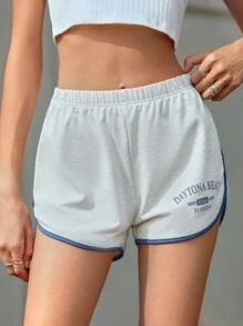 SHEIN Unity Pantalones Cortos de Mujer Ribete en contraste Letras Deportivo - Gris Claro - Ver 1