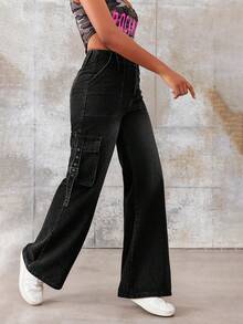 High Waist Flap Pocket Flare Leg Jeans - Dark Grey - View 4